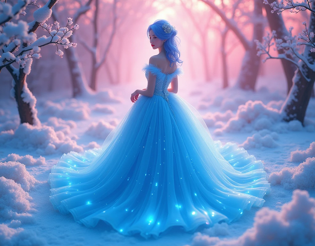 short dress, blue dress, Beautiful and sexy Japanese wedding dress, Full body high angle shot, blue hair, red lips、(Fluorescent paint:1.4)、(translucent:1.4)、(Retro filters:1.4)、(Fantasy:1.4)、Candy world Disney Fantasy fluffy soft scenery forest snow avatar pink sky green blue glow dreamy lights soft soft glow rainbow stars diamond glitter gem background surreal ultra hd movie lighting huge details full hd full light、