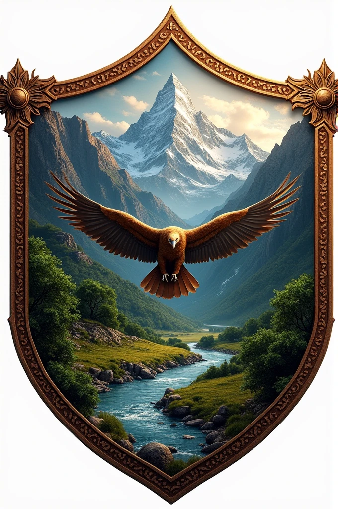 Design a shield that contains a mountain, rio, condor and vegetation