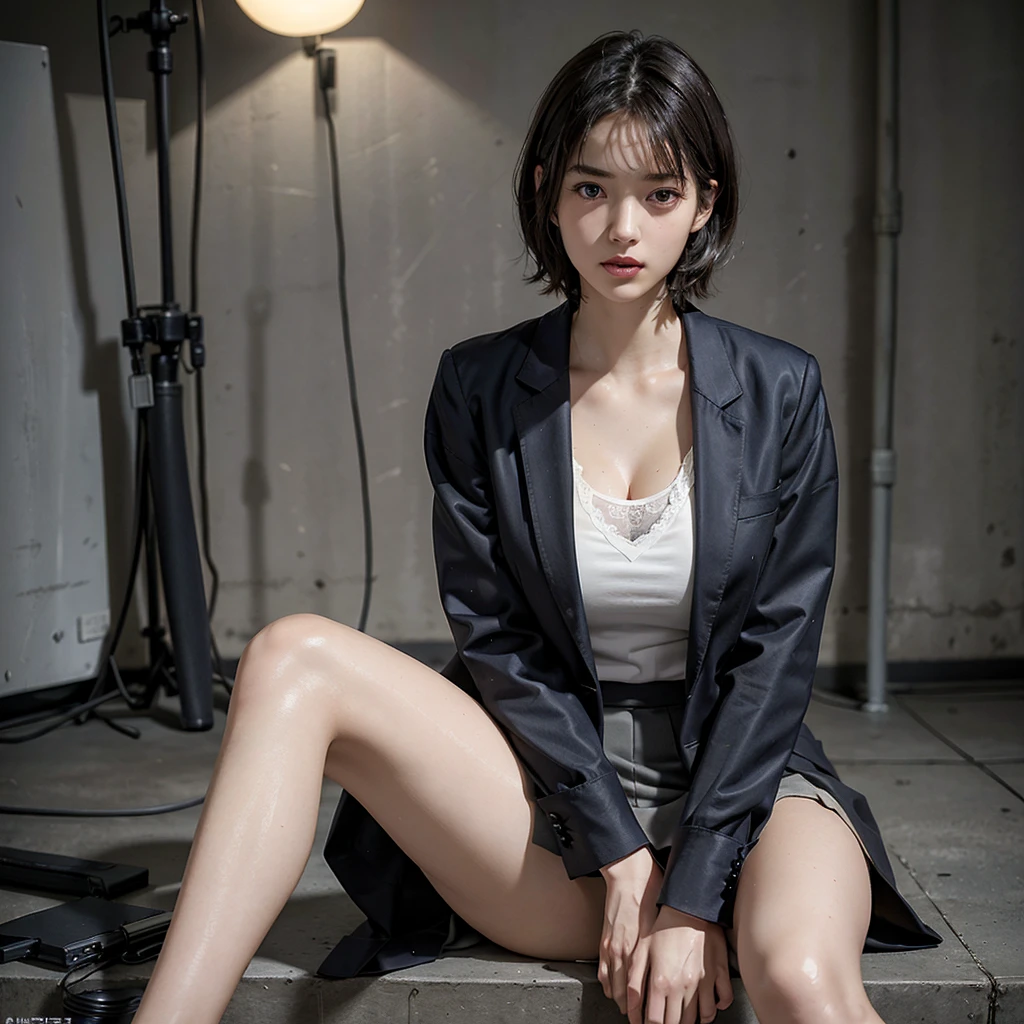 (Better Quality, 8k, 32K, main part, Ultra HD: 1.2), 1 girl, Beautiful Japanese Women, Narrow waist, Glowing Skin, Gray suit, Open jacket, officeの女性スタッフ, suit, mini skirt, office, Mesa, (Crossing your legs: 1.2), Thin face, short hair,Leg spread,pants,underwear