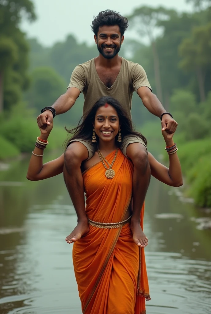 Gorgeous, Sexy indian typical village ragpicker young woman is carrying a large man on her head, man is sitting on her shoulders, nearby a river , natural smile