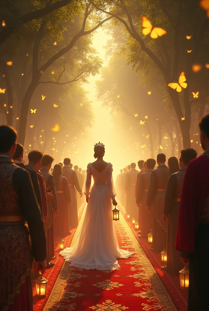 accompanying VVIP on the carpeted path wearing a white serb dress like a princess surrounded by butterflies with yellow lights while carrying lanterns and many people are on the left and right of the path with trees and passing through caves left and right vip escort officers