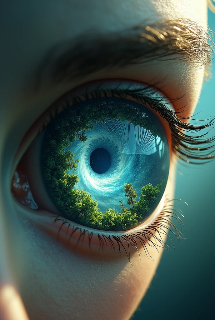 Eye where the iris is a forest and the pupil shows a universe