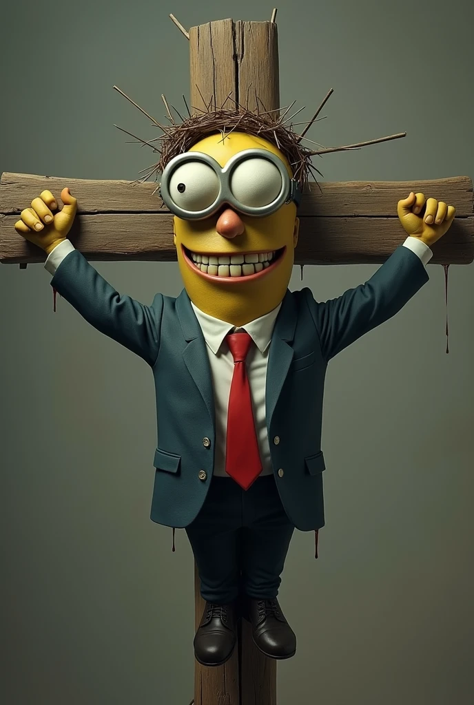 Make a minion version of former Brazilian president Jair Messias Bolsonaro crucified and wearing a crown of thorns