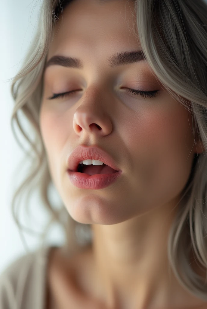 Real close up photo, very close, a beautiful Russian young woman, side view, detailed face, detailed, skin texture, looking up with pleading eyes, closed eyes, orgasm girl, sexy red moist lips, open mouth, natural makeup, messy ash-grey hair, backlight bright white studio lighting, soft front right and left studio lighting, bright photo, ultra sharp focus, highly detailed, intricate detailed, her expression is one of intense pleasure,as if she is on the verge of an orgasm