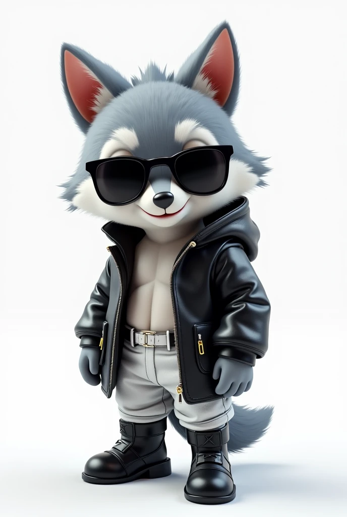 3D rendering in C4d and Blender of a cute wolf ,gray fur,like a stoat, in a black leather parka and white techno clothes underneath, with big eyes, Sunglasses, small nose, and full growth on a white background. The wolf has black leather boots and a chibi character design with studio lighting.. The wolf grins evilly, with highlighted lines on the suit, a high resolution, high detail, and the best quality