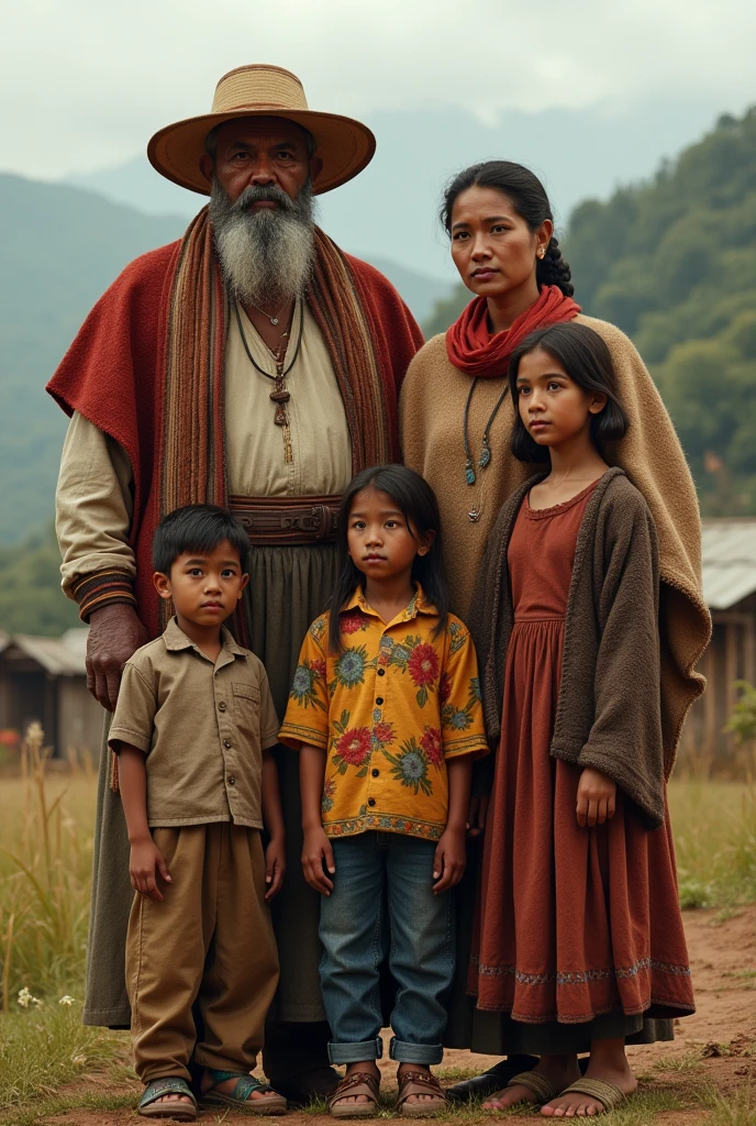 Describe to me a peasant family from the 2000s in Colombia gathered on a farm where they are sitting, the pope a gentleman with a peasant hat , The mother with a ruana and hair tied back with braids ,who have three children, two small children and a 1 daughter with brown hair, slim build and mixed skin color Ai realistic image