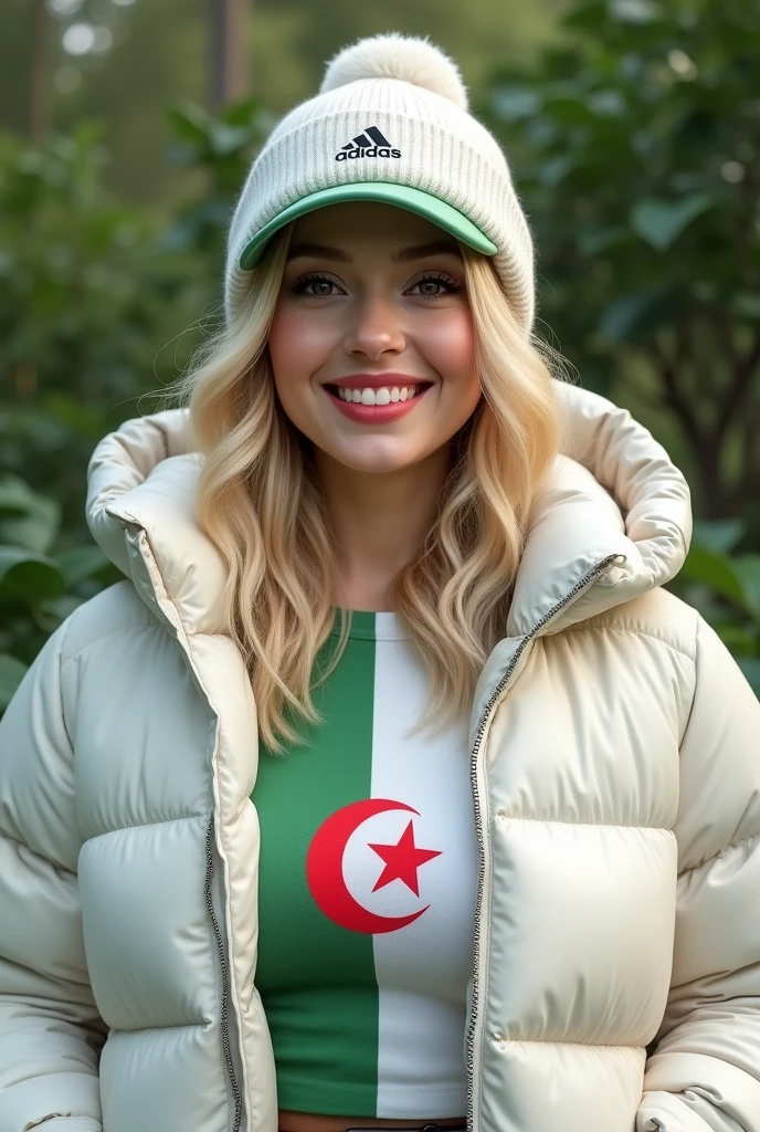 Close up, blonde, plump woman . Rossignol x Tommy Hilfiger down jacket - White, Adidas hat, T-shirt with Algerian flag half white and half green, green nature background