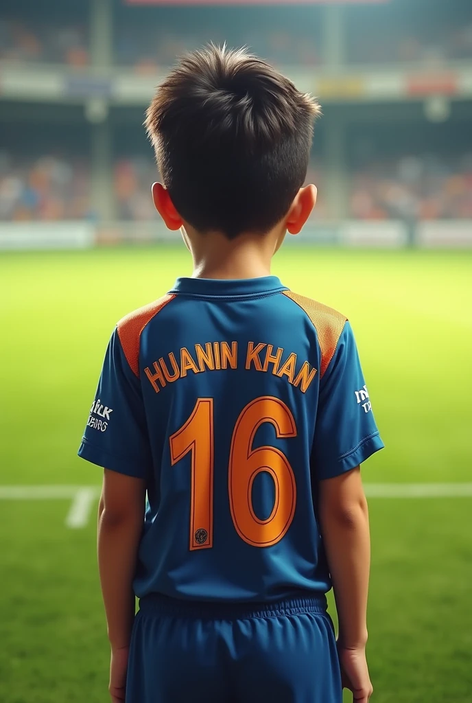 A boy wear Jersey name huanin khan and number
16 in back for cricket