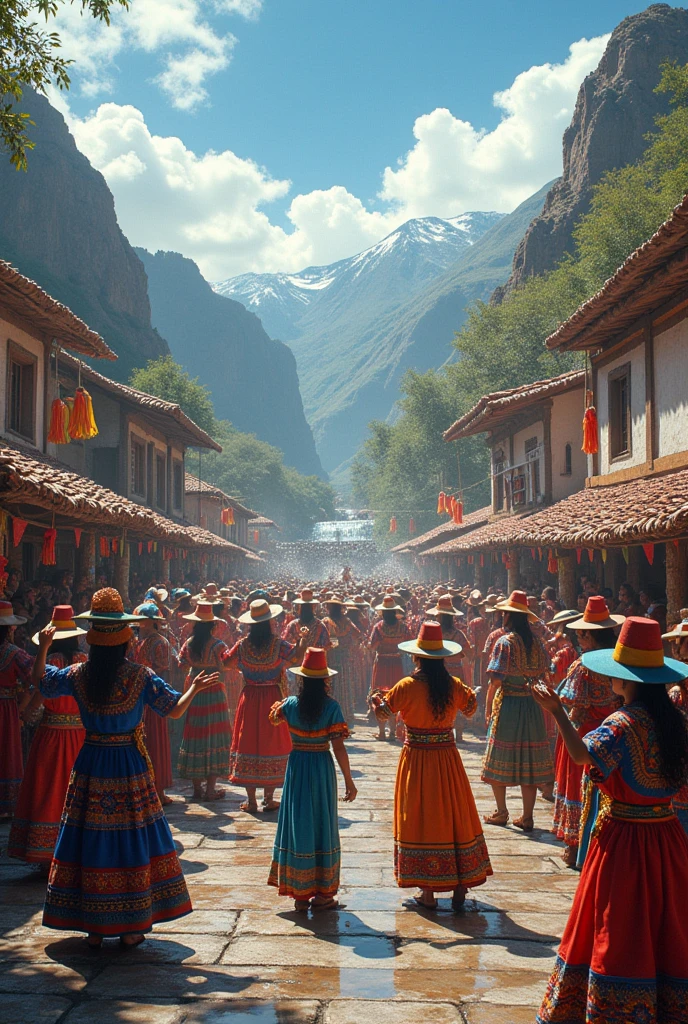 Make a realistic image where women with skirts and hats and men with ponchos and hats from small communities in Peru are worshipping water by having a carnival party.