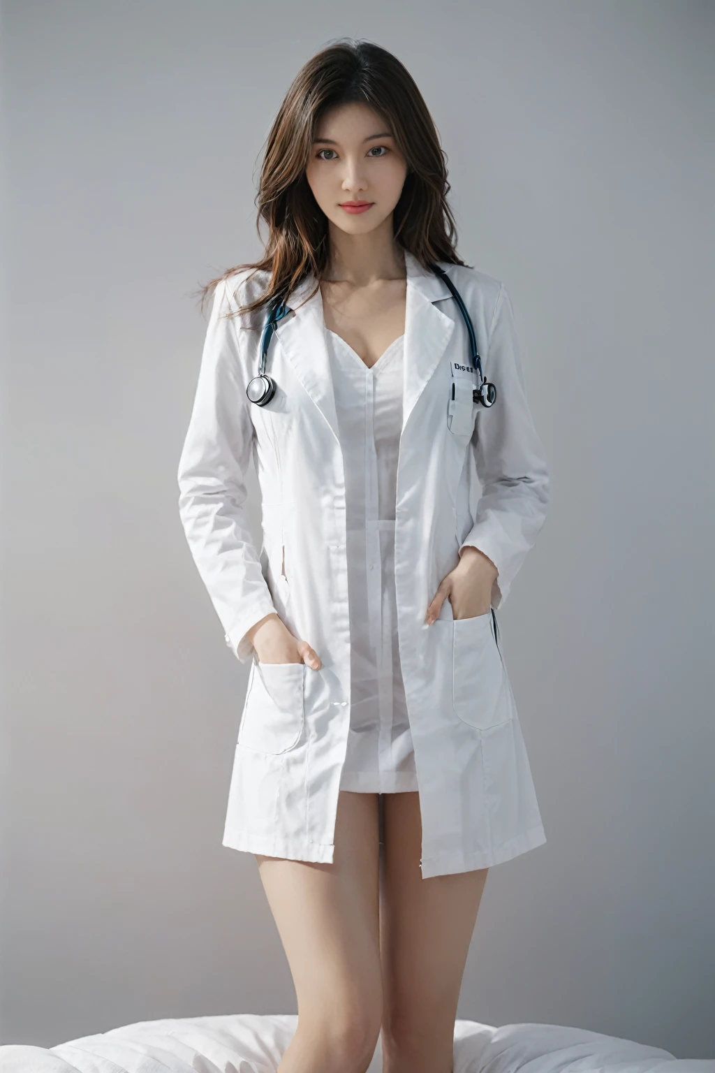 Photorealistic beautiful doctor、stunningly beautiful、doctors white coat, Doctor Fashion、(top-quality、8K、32K、​masterpiece、nffsw:1.3)、超A high resolution,(Photorealsitic:1.4),Raw photography, Detailed face,,Beautiful long hair, ((Doctor Style)), , tight skirts、 Natural makeup, Breast cleavage, large full breasts、inside hospital, Detailed background, Perfect Lighting, depth of fields, Beautiful shadow gradient,stethoscope , (((fullbody))), whole body capture, fullbody, legs wide open, open legs, black pubic hair, eyes on camera, details eyes, beautiful eyes,