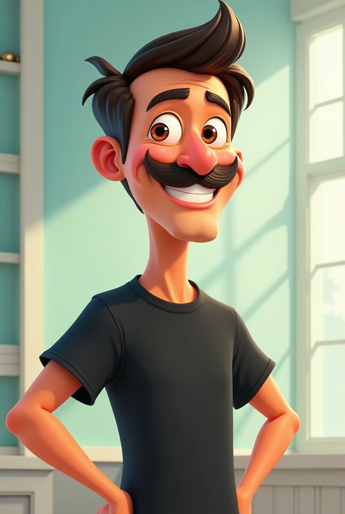 Make a guy with a mustache and a black t-shirt in 2D animation
