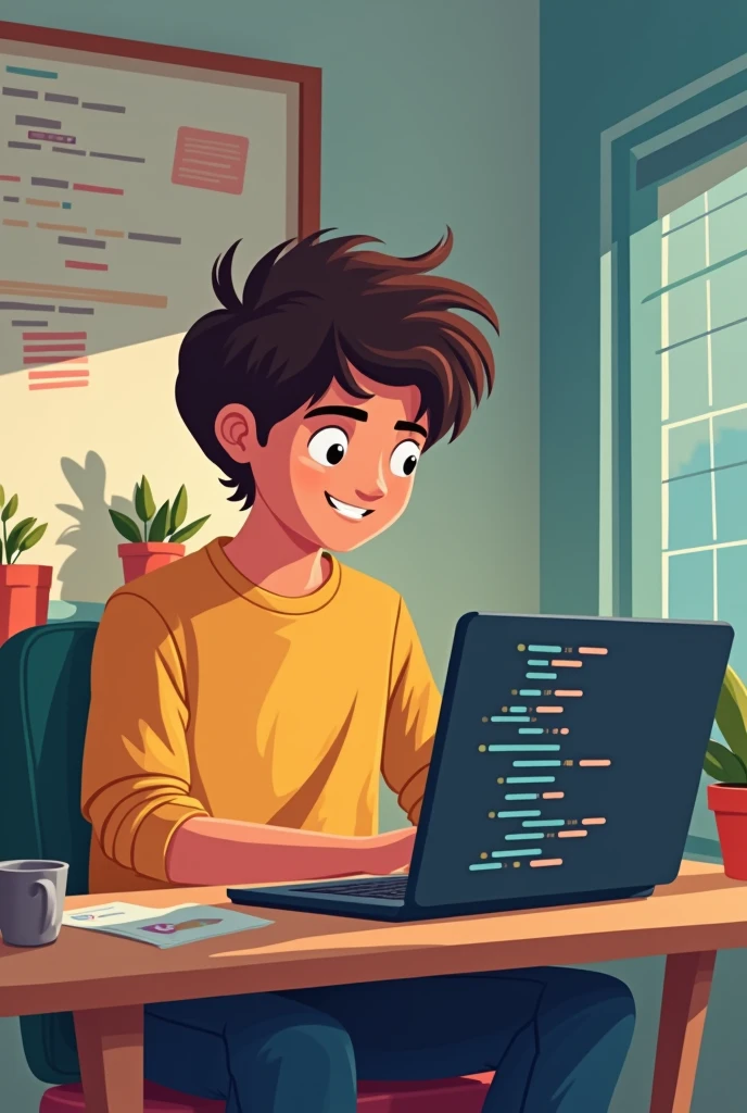 cartoon image of a young man with black hair and light skin tone that is slightly brown , with an open laptop in his hands, writing a programming language on your laptop