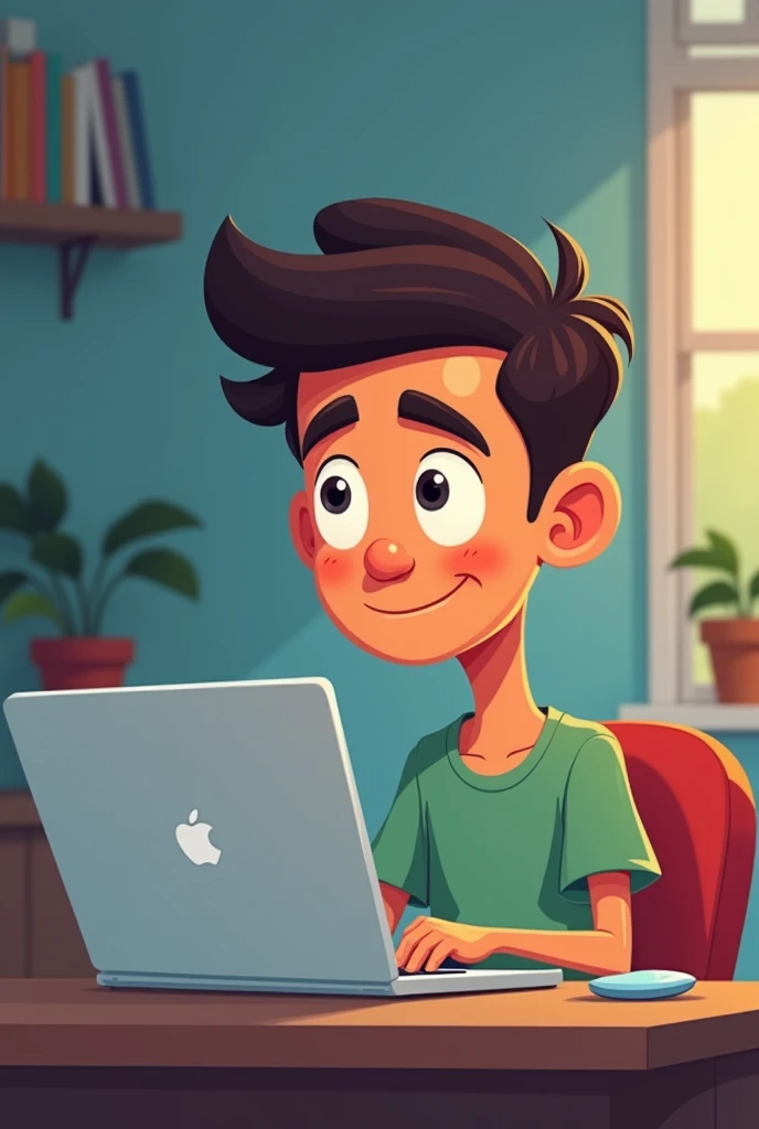 cartoon image of a young man with black hair and light skin tone that is slightly brown , with an open laptop in his hands, writing a programming language on your laptop