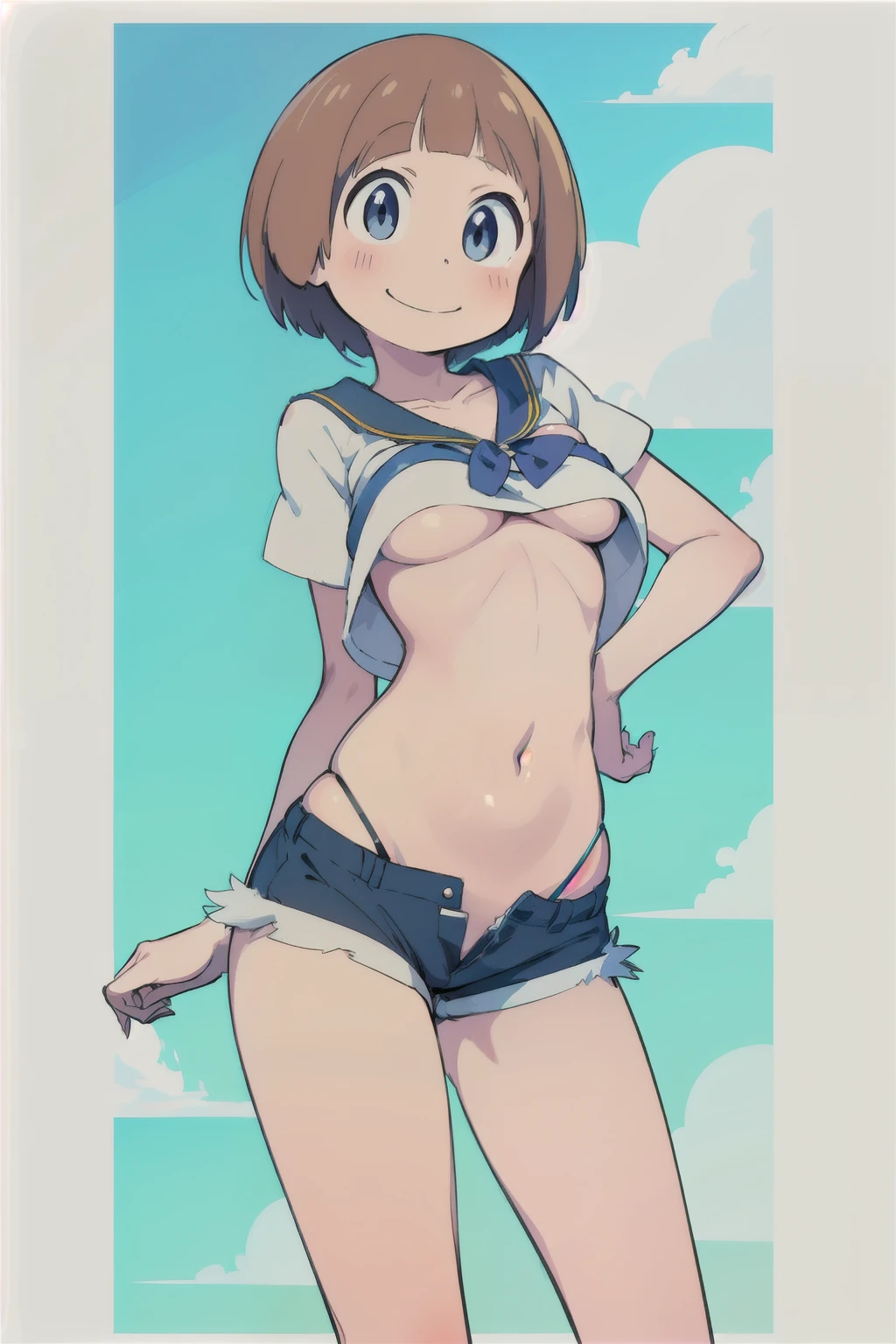 Anime style, mako short hair  ,  smug face smile , blush,  small breasts,  mini shirt underboobs ,niplles , top underboobs  , sexy short shorts , verilha . Bumbum inpinado. Back viewer 