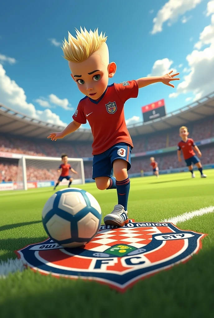 Eduardo Jr, , is playing soccer with his friends on a soccer field. His team is called Barra Unico FC and on the field there is an emblem on the ground with the logo and name of the team. In this photo, this boy is kicking the ball towards the goal and scoring a goal in the corner. Eduardo Jr is white with black hair and a mohawk haircut., UHD