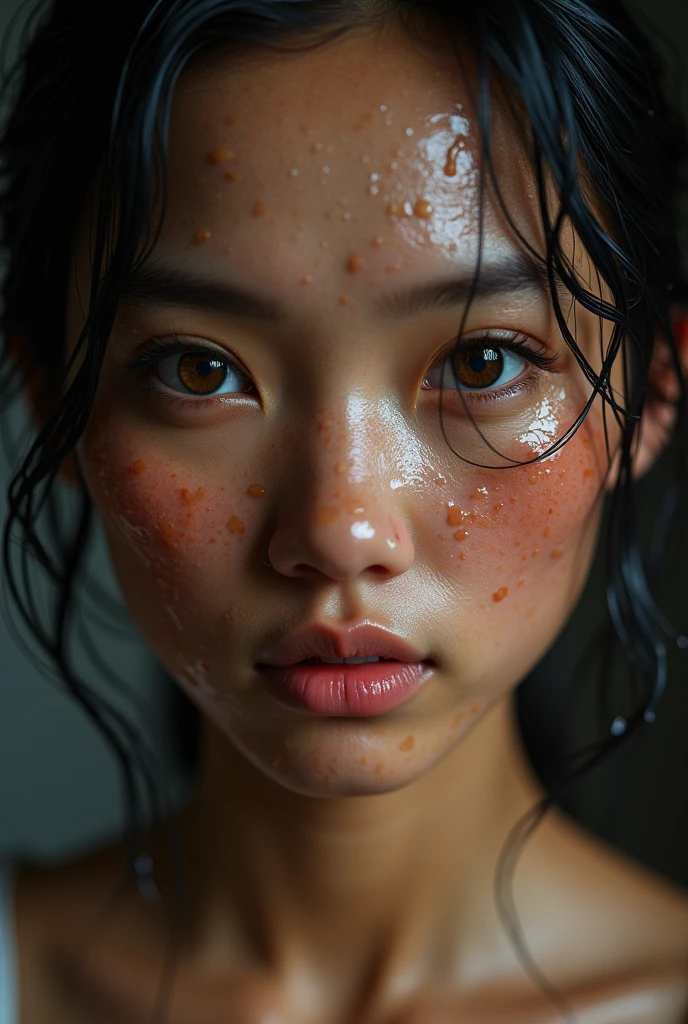 a full face of a indonesian woman's wet face, a hyperrealistic painting, inspired by Sam Spratt, featured on zbrush central, hyperrealism, ultra realistic 3d illustration, sweating intensely, photo realistic image, covered in water drops, hyperrealistic movie filmstill, in style of photorealism artist, portrait of ultra realistic, morning. hyperrealism, sweaty wet skin