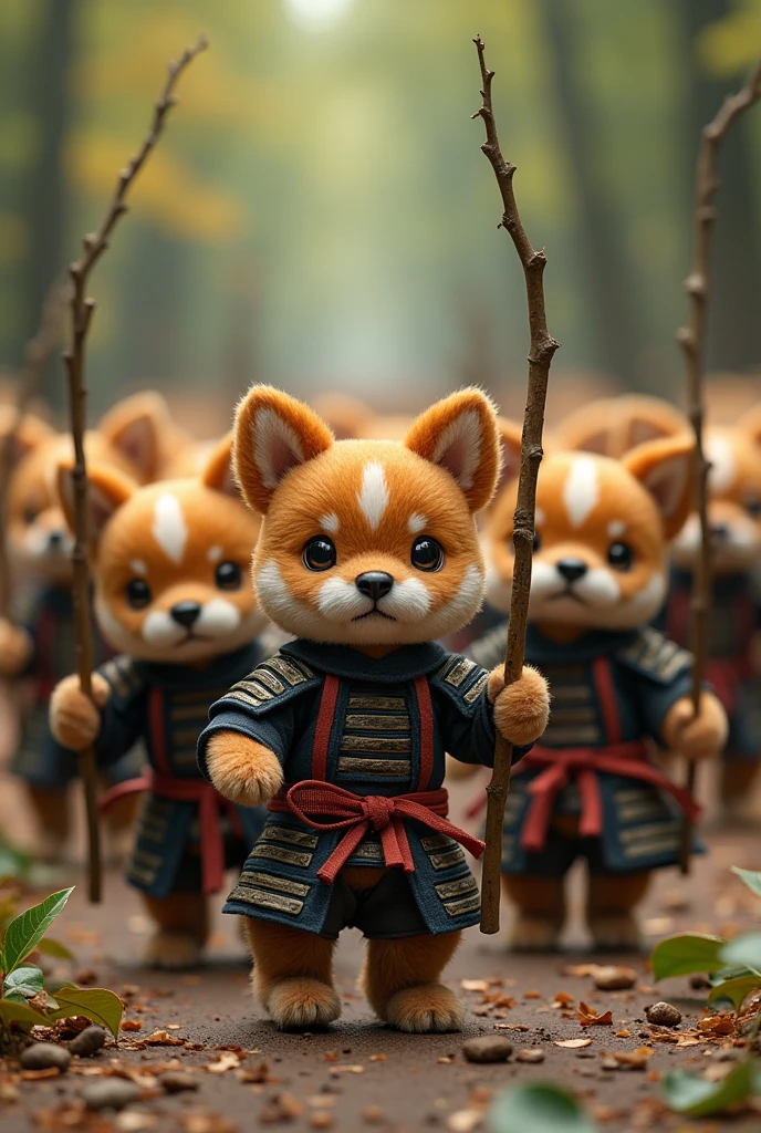 Stuffed toy dog dressed as a samurai　Bring along your stuffed animal companions　All the stuffed animals are dogs　Weapon: Tree branch　Feeling like we&#39;re marching　Increase the number of people　About 20 people　Side by side