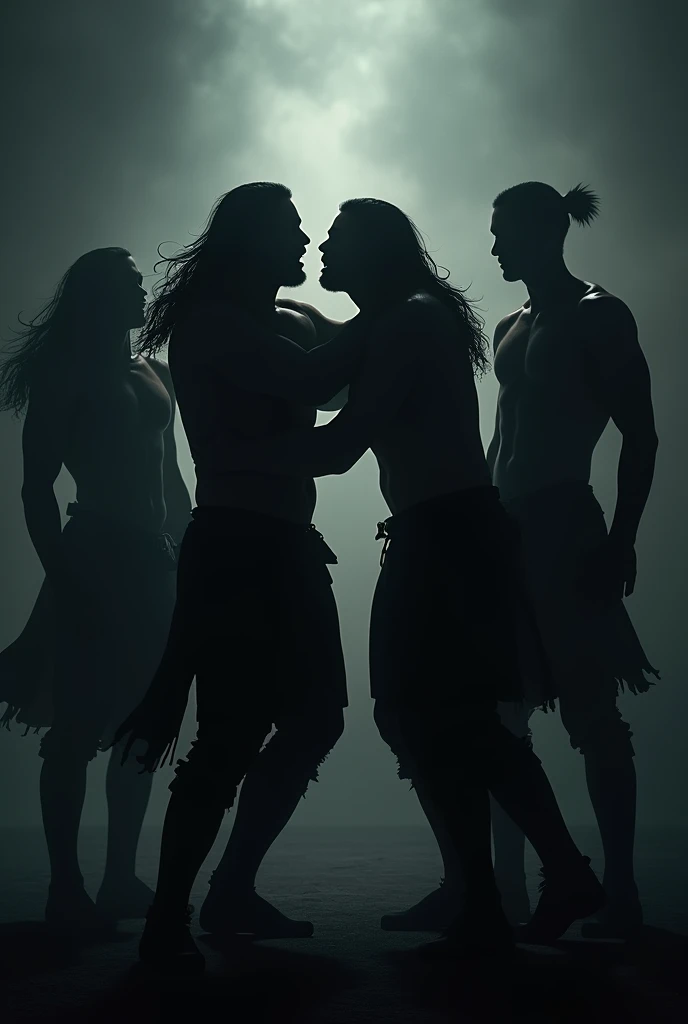 The silhouette of FIVE MEN, two of them with long hair, two of them are fighting