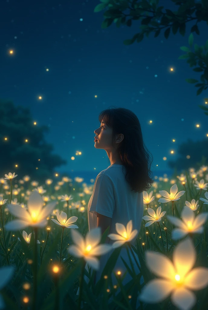 white plumeria field during the night, fireflies, and a woman