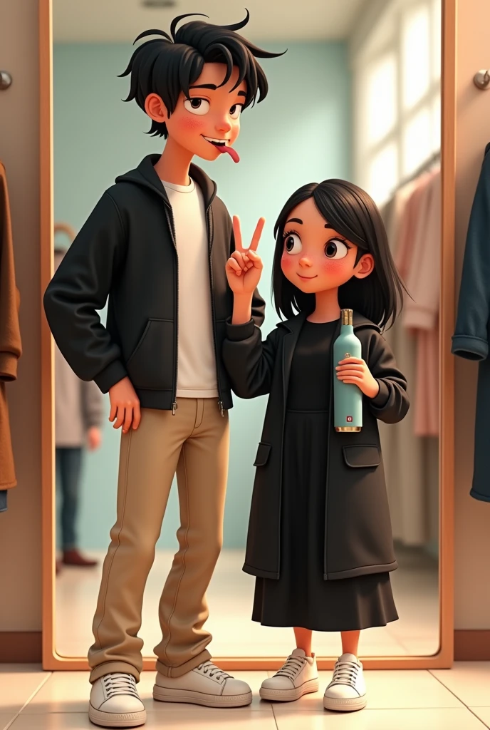 Pixar-like couple in a clothing store in front of a mirror, The man is taller than the woman, He has black hair and makes the love and peace symbol with his hand., He wears a black jacket, White T-shirt, completely white tennis shoes and beige pants. The woman takes the photo with the cell phone she has in her hand, an Apple brand., You wore black, long dress and long coat, all white platform tennis shoes, She has shoulder-length black hair with no bangs and with her other hand she carries a bottle of water with her arm outstretched, He has freckles and his tongue hanging out
