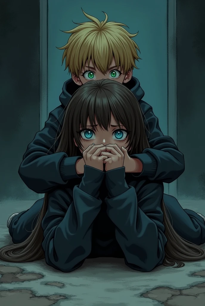 An illustration-type image of an 1 girl, dark brown hair, blue eyes, with a big black sweatshirt, lying on the ground covering her face scared, and an 1 boy, green eyed blonde, trying to protect her, all dark at night