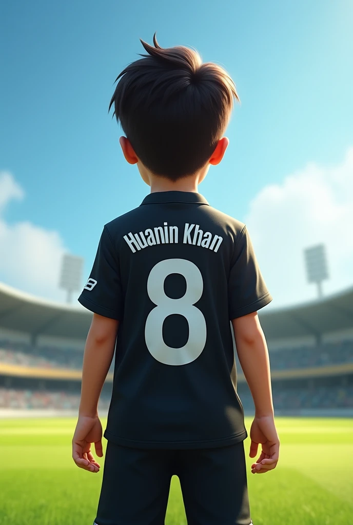 A boy wear Jersey name huanin khan and number
8 in back for cricket black t shirt