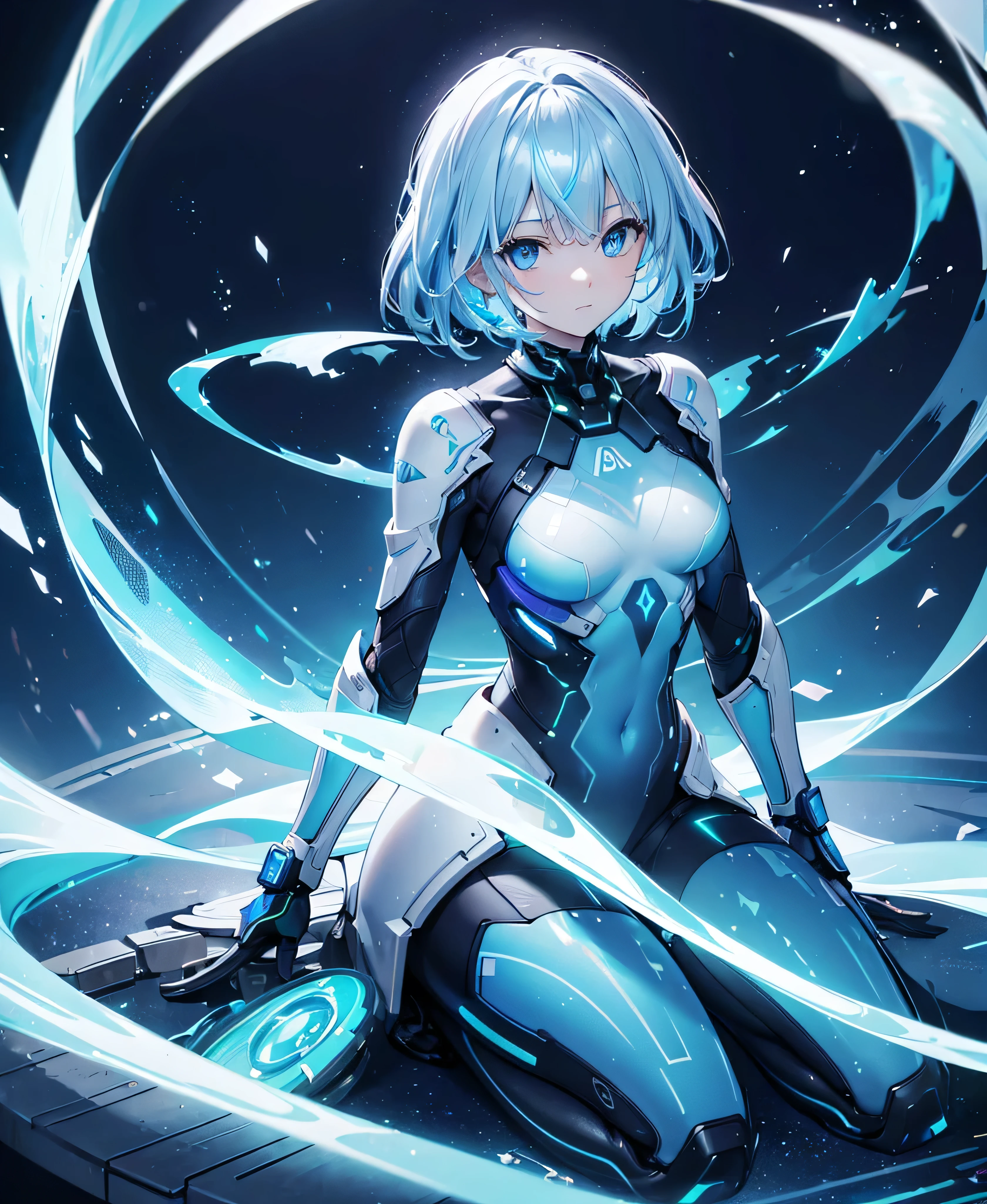 ((Holographic glow effect)),8k, Highest quality, (real:1.4), Original photo, 1 person, Asari Hair, Biological Amplifier, refined armor, posture: Peace talks between warring factions, smart blue eyes,whole body