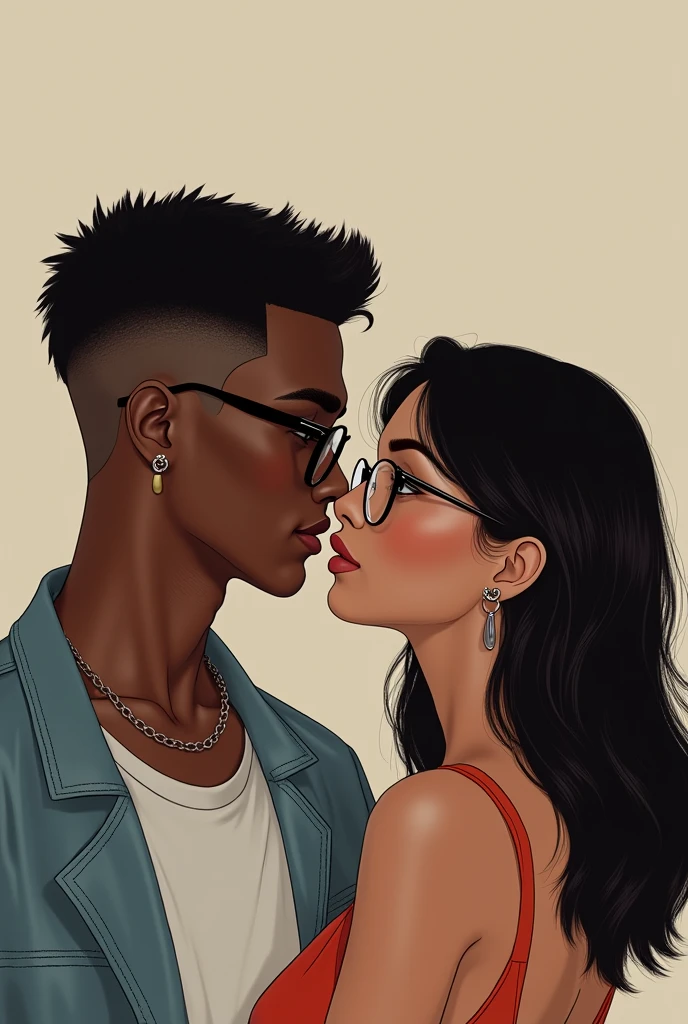 Show me a picture of a  couple where the boy is dark-skinned with straight hair down with a fate rug cut that reaches his ears and one in the part the pills,with black semi-square glasses semi-small eyes, He has a line on his eyebrow and the girl is darker but a shade lighter than him but she is not white with long semi-wavy hair a little shorter than him she wears transparent semi-circular glasses on the bottom and semi-square glasses on the top, He has a mole on the right side of his mouth, They are both thin with dark brown eyes 