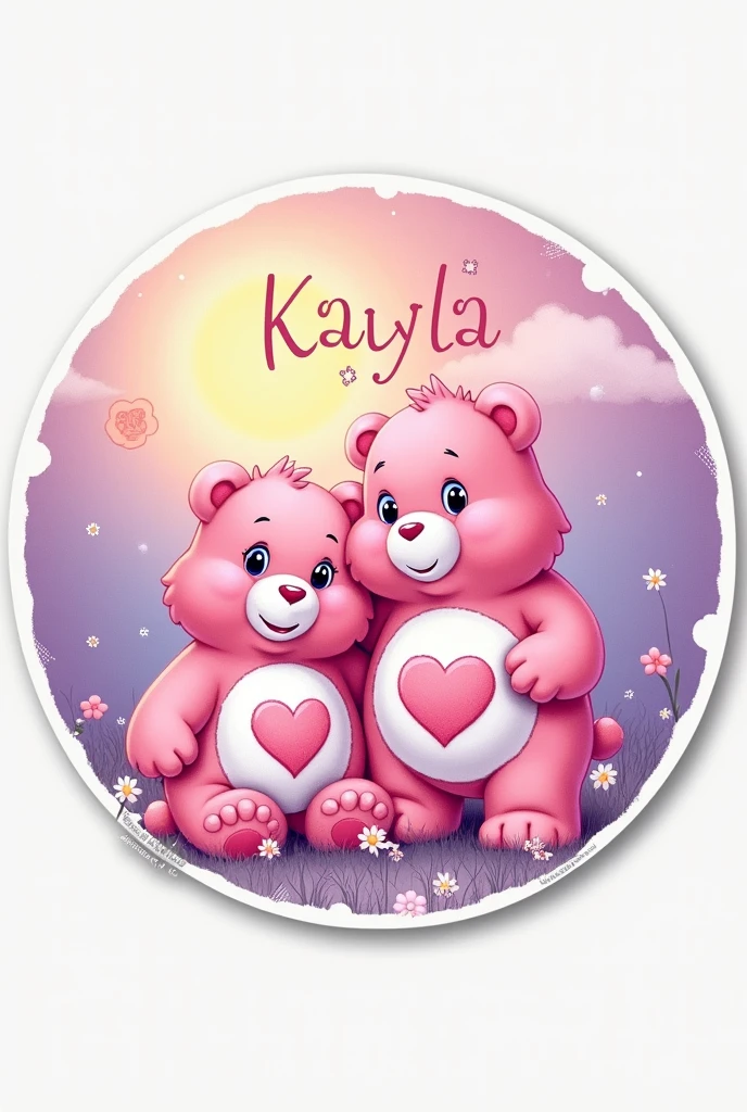 round sticker design with Care Bears theme in pink colors, purple and yellow with the name Kayla in a delicate font