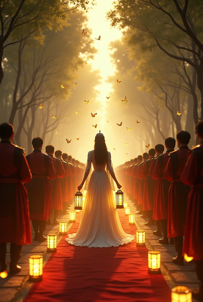 accompanying VVIP on the carpeted path wearing a white serb dress like a princess surrounded by butterflies with yellow lights while carrying lanterns and many people are on the left and right of the path with trees and passing through caves left and right vip escort officers and martial arts
