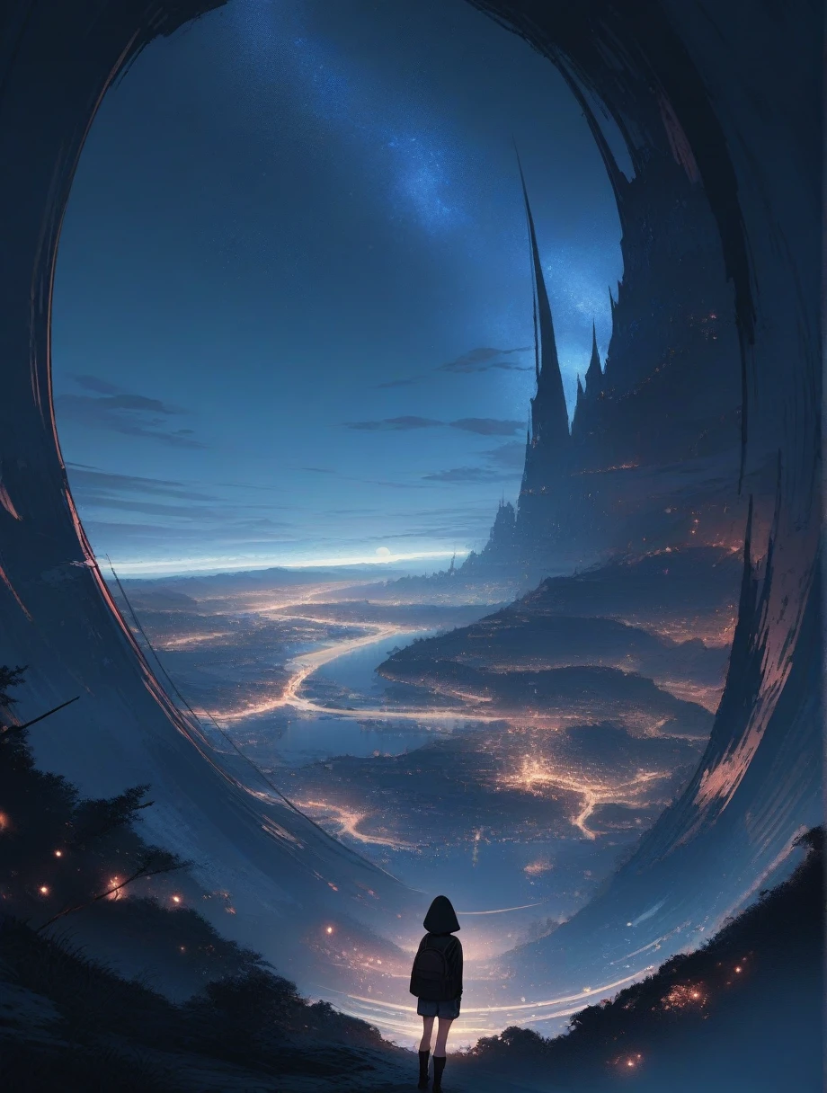 score_9, score_8_up, score_7_up, score_anime, masterpiece, top quality, delicate illustration, sharp lines, sharp focus, BREAK, a traveling girl wandering in the endless night world, the girl wears a hood and has a lot of stuff in her backpack, night , fantastic landscape, beautiful scenery, harmony with nature, spectacular view, futuristic city, (((torn clothes))), (((torn hood))),shorts,boots