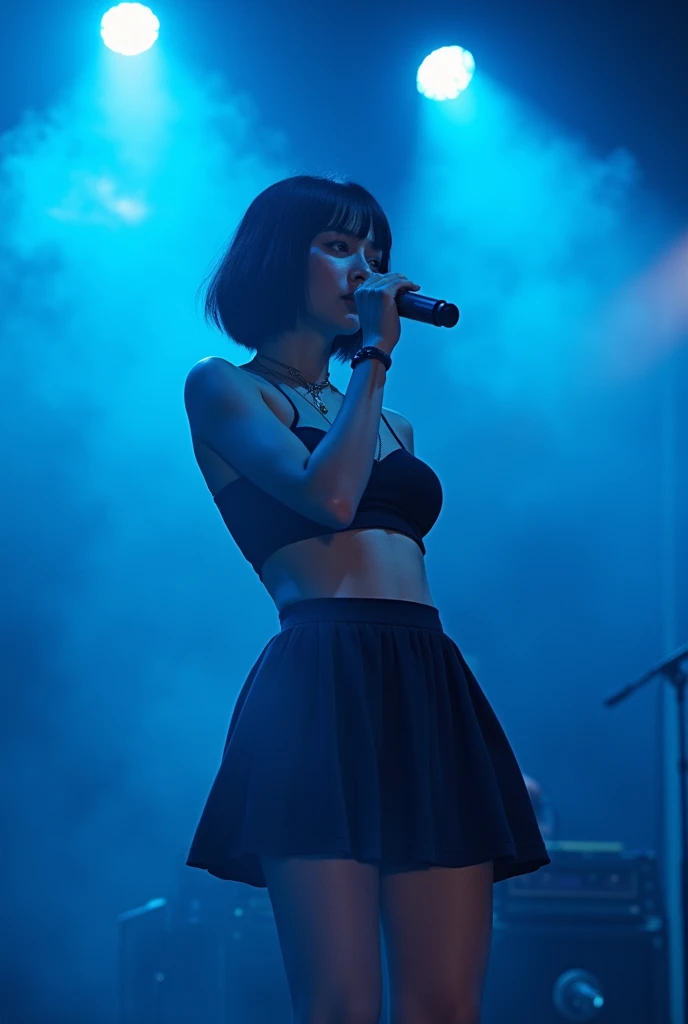 Japanese women、Large Breasts、pop music、Alice Hirose、Female vocalist with short bob hair、skirt、live house、Lots of stage smoke、Blue lighting、Holding a microphone on stage、