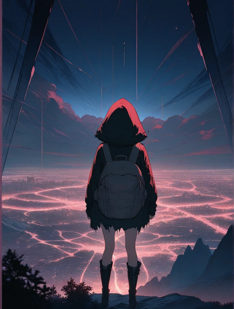 score_9, score_8_up, score_7_up, score_anime, masterpiece, top quality, delicate illustration, sharp lines, sharp focus, BREAK, a traveling girl wandering in the endless night world, the girl wears a hood and has a lot of stuff in her backpack, night , fantastic landscape, beautiful scenery, harmony with nature, spectacular view, futuristic city, (((torn clothes))), (((torn hood))),shorts,boots