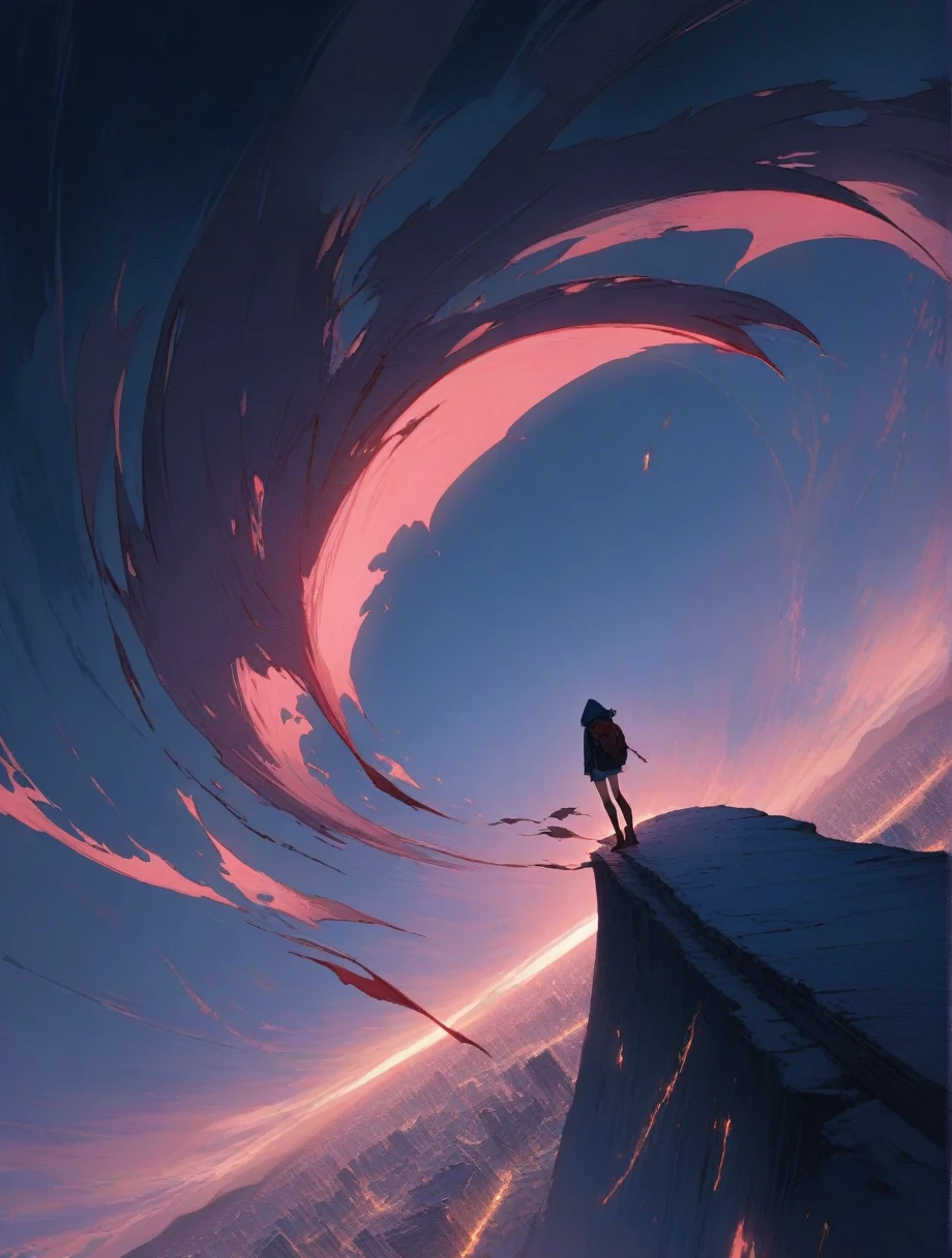 score_9, score_8_up, score_7_up, score_anime, masterpiece, top quality, delicate illustration, sharp lines, sharp focus, BREAK, a traveling girl wandering in the endless night world, the girl wears a hood and has a lot of stuff in her backpack, night , fantastic landscape, beautiful scenery, harmony with nature, spectacular view, futuristic city, (((torn clothes))), (((torn hood))),shorts,boots