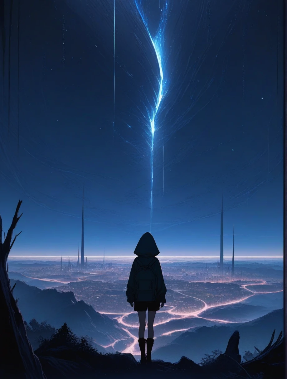 score_9, score_8_up, score_7_up, score_anime, masterpiece, top quality, delicate illustration, sharp lines, sharp focus, BREAK, a traveling girl wandering in the endless night world, the girl wears a hood and has a lot of stuff in her backpack, night , fantastic landscape, beautiful scenery, harmony with nature, spectacular view, futuristic city, (((torn clothes))), (((torn hood))),shorts,boots