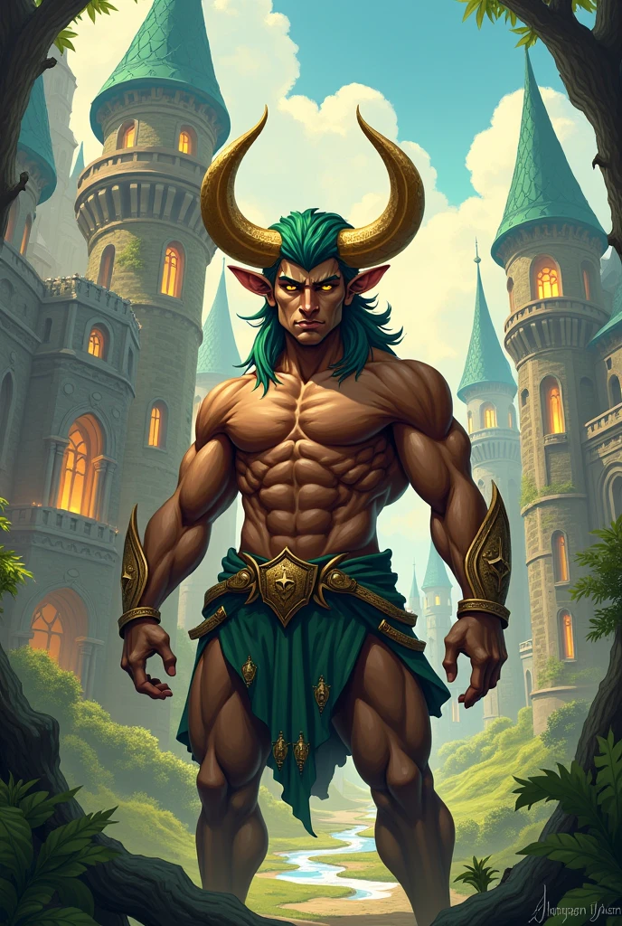 A young minotaur man, with brown skin and short green hair, with horns and golden eyes. 2D illustration and background of a magical kingdom.