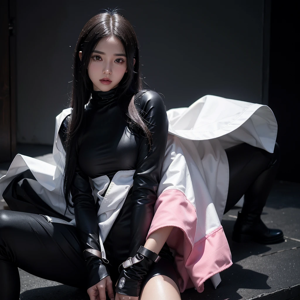 Woman, straight hair, dark skin, white eyes, wears a black jumpsuit with white gradient down, wears a dark pink cape, pair of black boots. Cyberpunk style