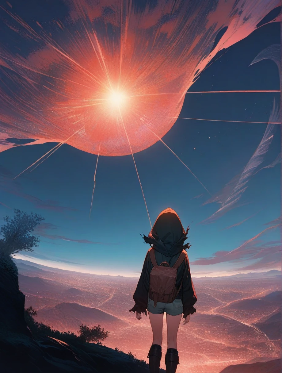 score_9, score_8_up, score_7_up, score_anime, masterpiece, top quality, delicate illustration, sharp lines, sharp focus, BREAK, a traveling girl wandering in the endless night world, the girl wears a hood and has a lot of stuff in her backpack, night , fantastic landscape, beautiful scenery, harmony with nature, spectacular view, space city, (((torn clothes))), (((torn hood))),shorts,boots