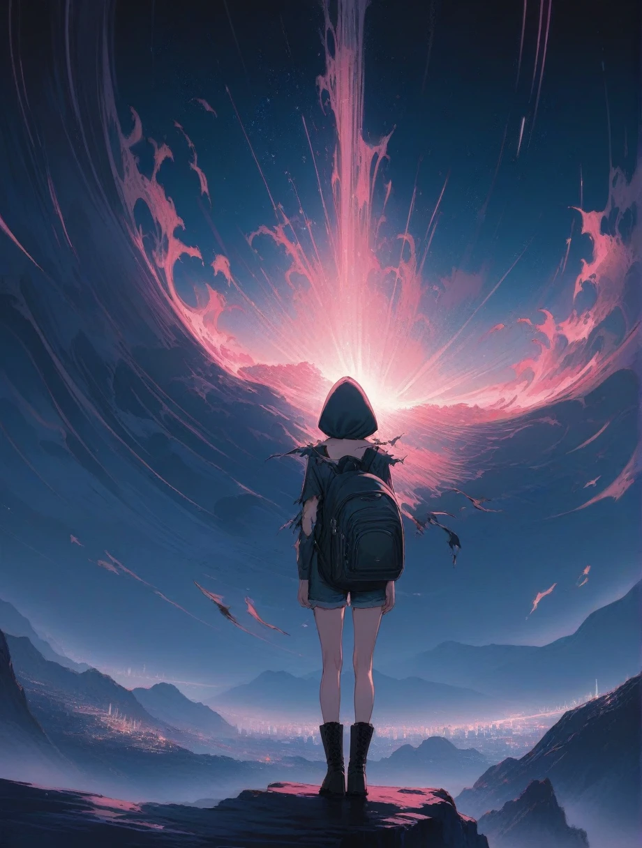 score_9, score_8_up, score_7_up, score_anime, masterpiece, top quality, delicate illustration, sharp lines, sharp focus, BREAK, a traveling girl wandering in the endless night world, the girl wears a hood and has a lot of stuff in her backpack, night , fantastic landscape, beautiful scenery, harmony with nature, spectacular view, space city, (((torn clothes))), (((torn hood))),shorts,boots