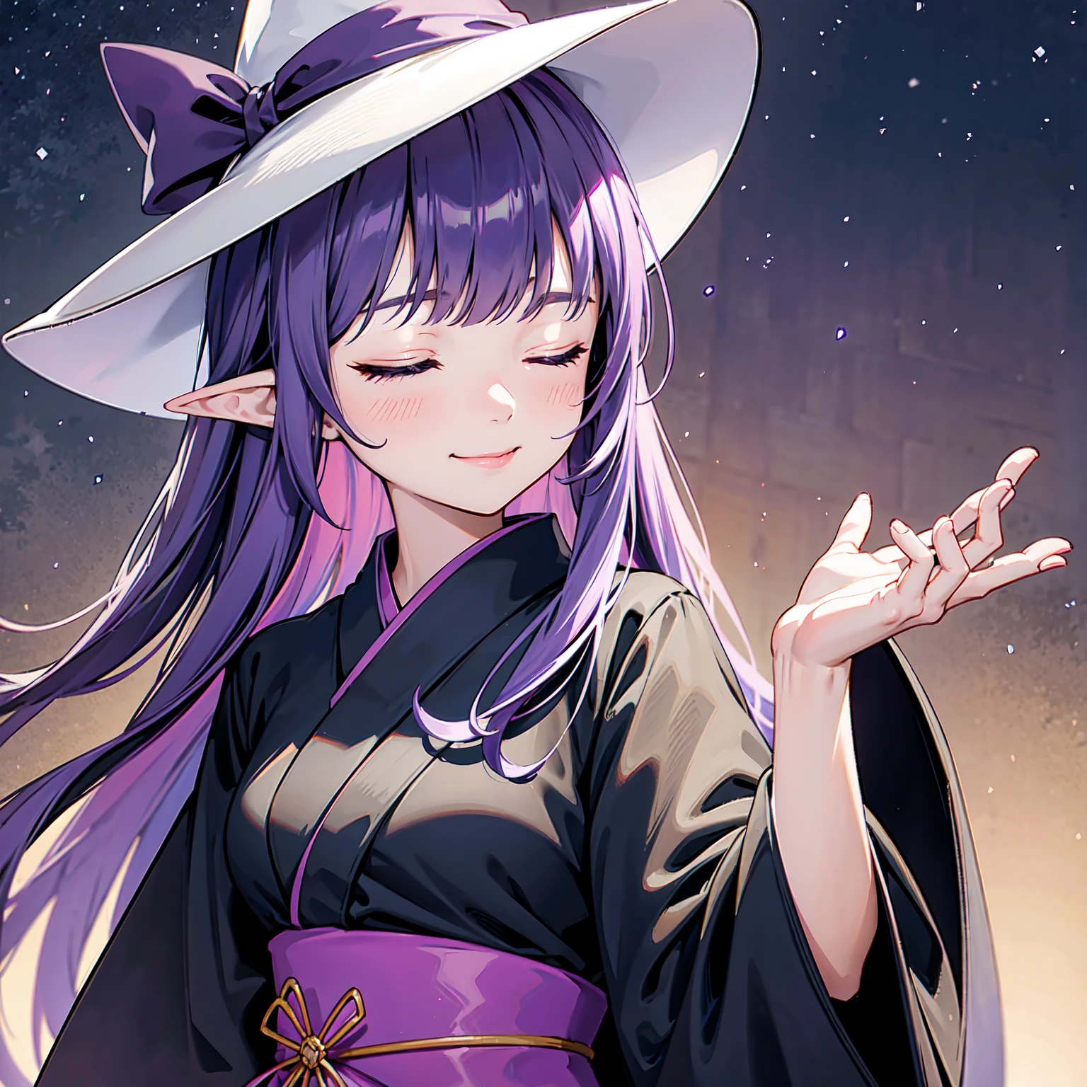 Close-up of a girl's face, eyes closed, mouth wide open and smiling. She looks happy. Girl with long purple hair. Pointed elf ears. Her clothes are simple: a black robe with wide sleeves. The front has a V-shaped white insert like a kimono. A witch hat with purple ribbons on either side. Close-up of her face. Forest at night. Eyes closed, mouth wide open.