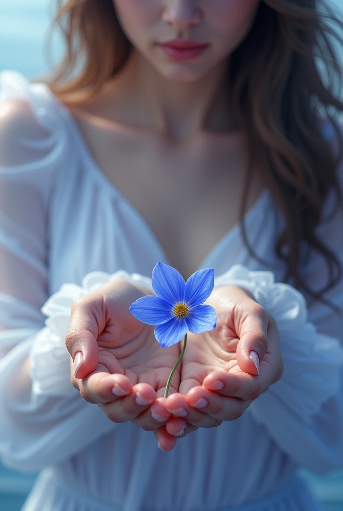 blue violet flower hold on to a woman hands