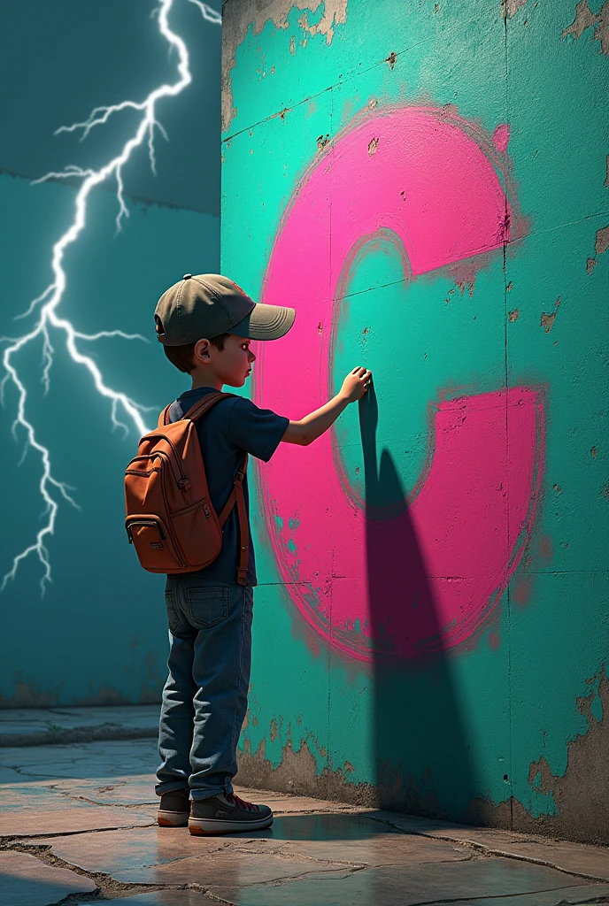 A 1 boy wearing a backwards Japanese cap graffitis the word C on a wall.m.C with fuchsia red color and thunder falling from the sky and with a greenish turquoise background