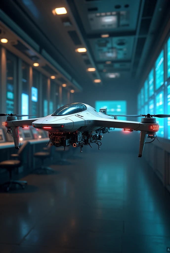 Futuristic drone flying , mix of technology and magic, in a room with several computers,