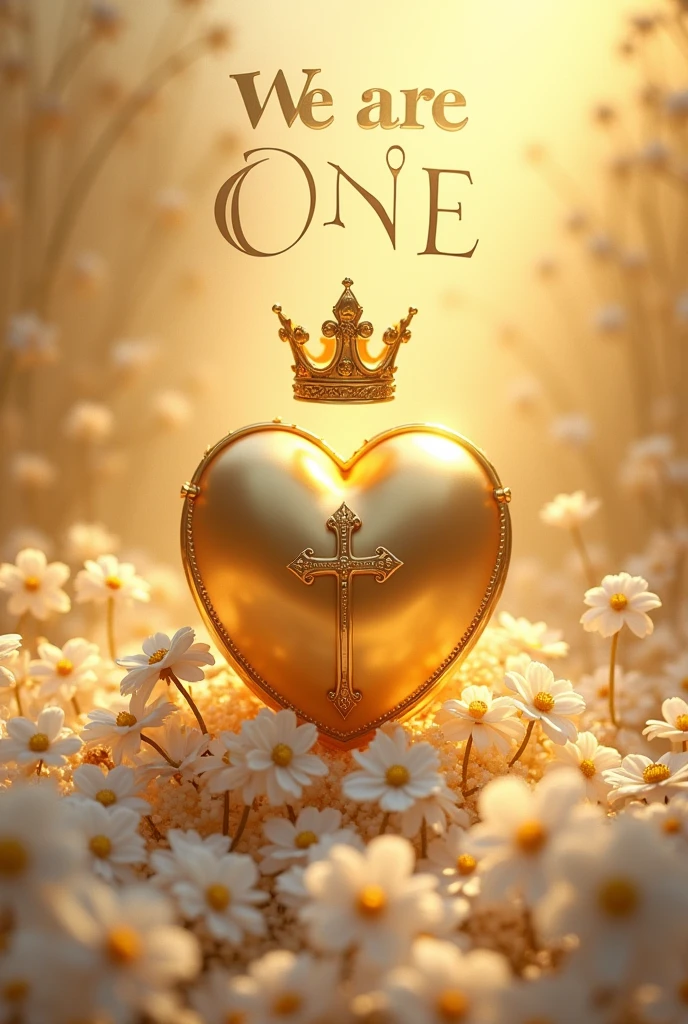 A 3d gold heart with a cross on the side, a crown above the heart and that says we are one above the image with white flowers

