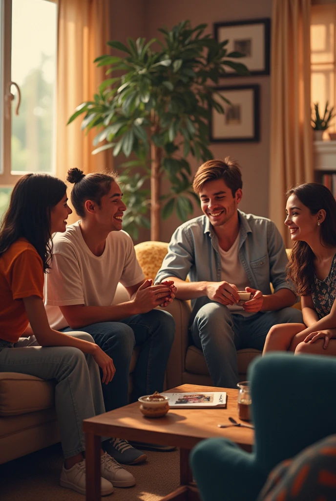 TEENAGE MEN AND WOMEN GATHERED IN A HOUSE SITTING IN THE LIVING ROOM CHATS AND LAUGHING