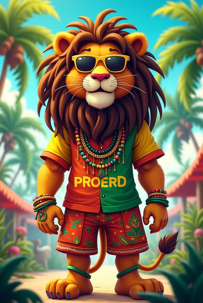 Proerd lion with dreadlocks and reggae clothes