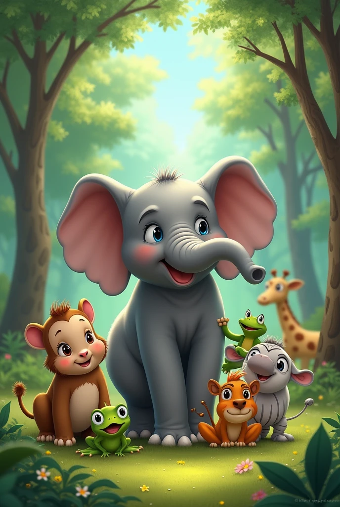 And so, the lonely elephant found his place in the forest, proving that friends can be any shape or size like frog monkey graffee zebra and all animals happily live together.