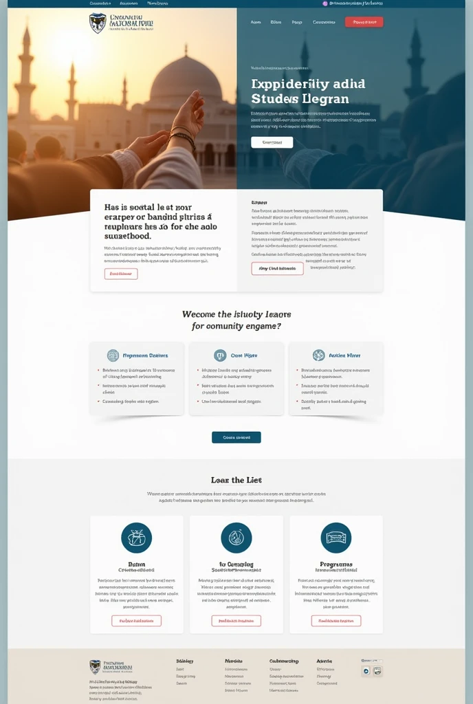 Create a image of a website for a collage of Islamic studies
This website include home section and programs, about, contact sections
Colour theme is ffffff,194668,c5804b