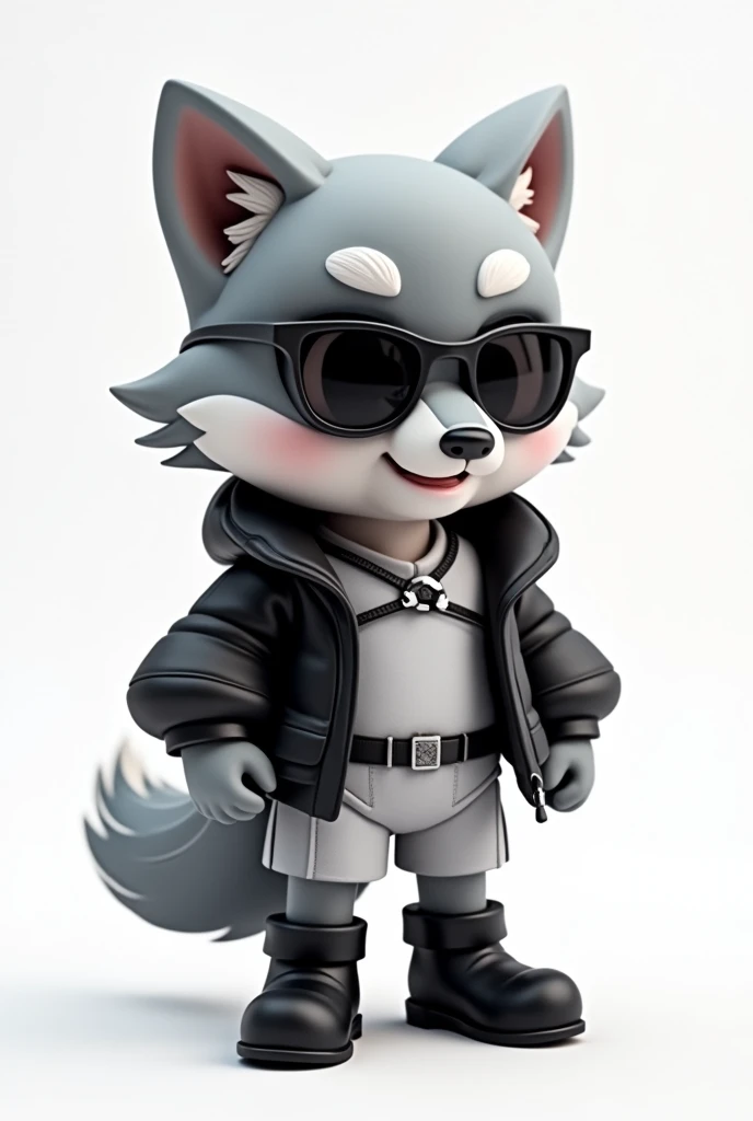 3D rendering in C4d and Blender of a cute wolf ,gray fur,like a stoat, in a black leather parka and white techno clothes underneath, with big eyes, Sunglasses, small nose, and full growth on a white background. The wolf has black leather boots and a chibi character design with studio lighting.. The wolf grins evilly, with highlighted lines on the suit, a high resolution, high detail, and the best quality