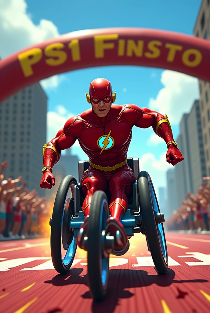 ps1 game screenshot, the flash in a wheelchair, winning the boston marathon, hot streaks behind him as his wheelchair drives across the finish line, there is a banner overhead at the finish line with text ps1 flux by veryvanya, the flashs wheelchair is sleek and high-tech, with glowing blue accents and a bold, red stripe running along the side, his iconic red and gold costume is torn and worn, but still vibrant, with a few loose threads and scorch marks, the finish line is crowded with cheering spectators, the sky above is a bright, sunny blue, with a few puffy white clouds, the flashs face is set in a determined expression, his eyes fixed intently on the finish line, his arms are muscular and toned, with a few scars and bruises visible, the wheelchairs wheels are blurred, conveying a sense of speed and motion, the hot streaks behind the flash are long and curved, like a comets tail, and are colored in shades of orange, yellow, and red, the banner overhead is made of a shiny, metallic material, and the text ps1 flux by veryvanya is written in bold, graffiti-style letters